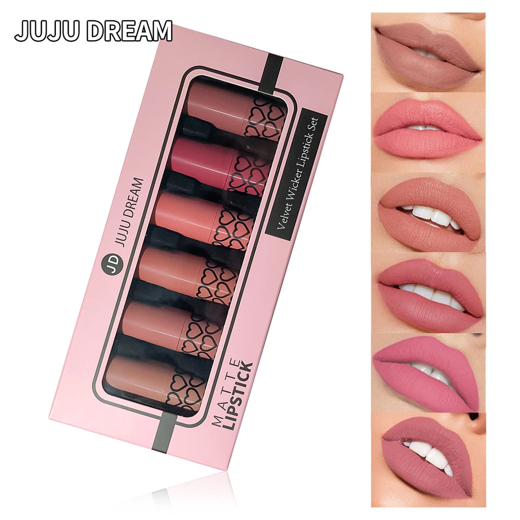 6-piece long-wear matte nude lipstick set in pink heart-pattern case with highly pigmented velvet finish swatches.