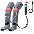 Grey fabric leg and knee compression massagers with blue trim, controller, and power adapter for circulation relief.