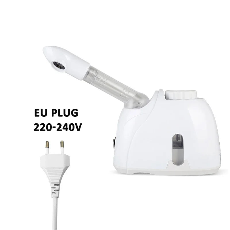 White ozone facial steamer for deep pore cleansing and skin hydration with EU plug and adjustable spray arm.