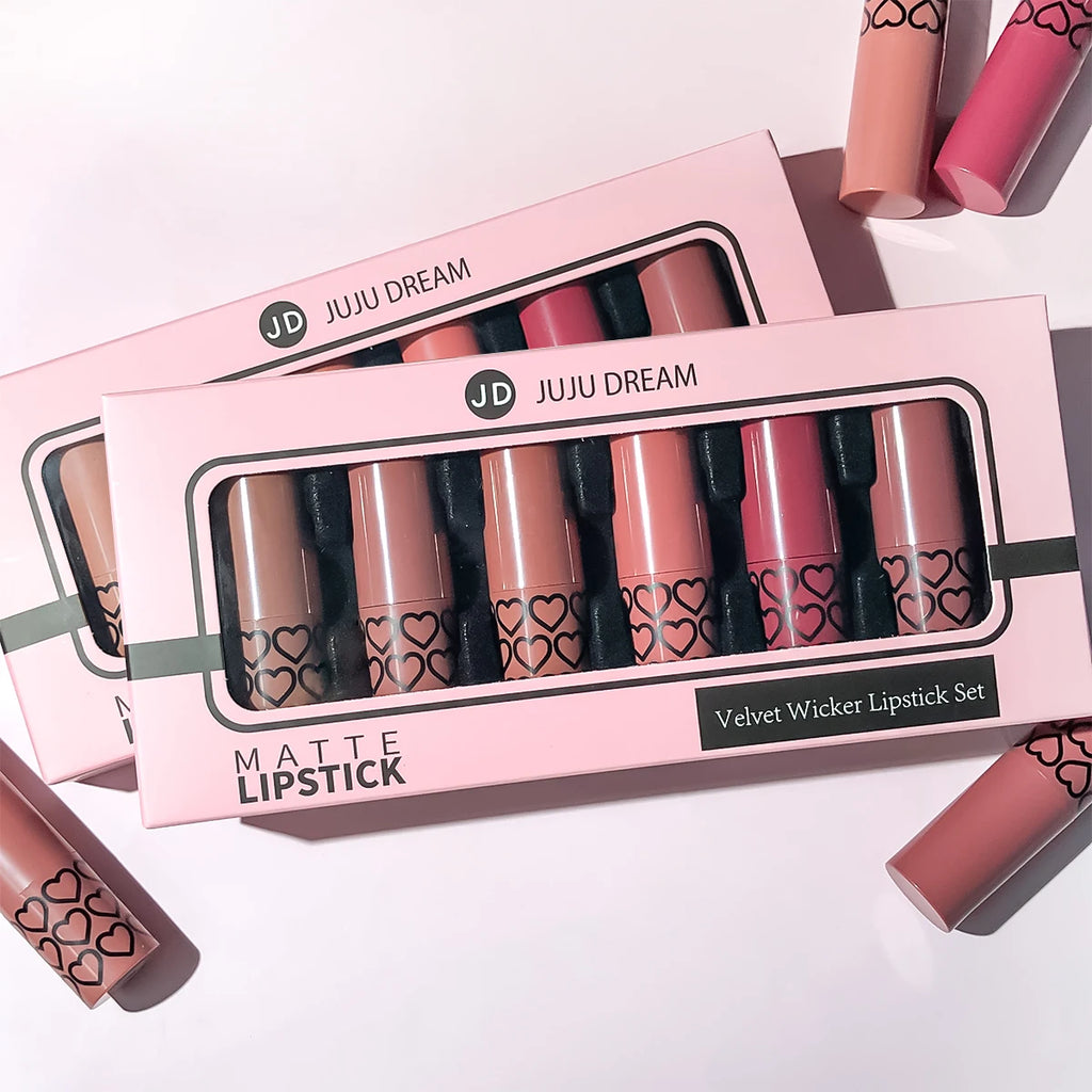 Juju Dream matte nude lipstick set of 6 in pink box with heart pattern, high-pigmentation, long-wear lip makeup.