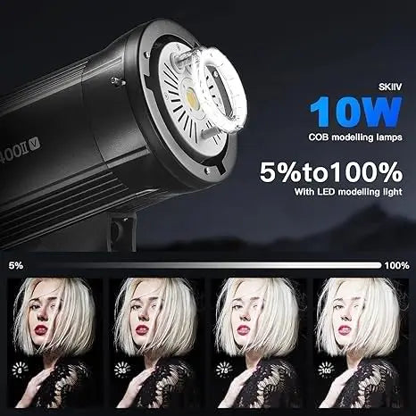 Black studio strobe light with a 10W COB LED modeling lamp, featuring adjustable brightness from 5% to 100%.