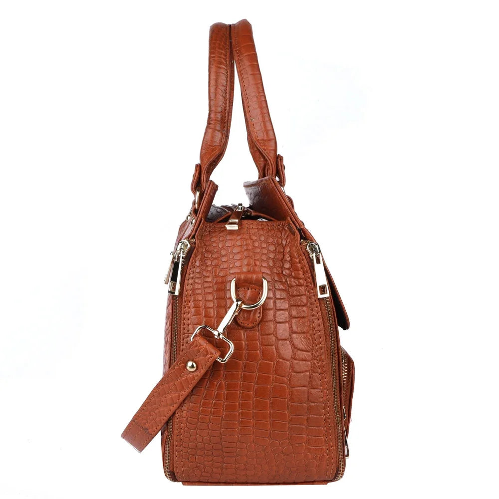 Brown crocodile-textured PU leather designer handbag with durable gold-tone zipper closures and removable shoulder strap.