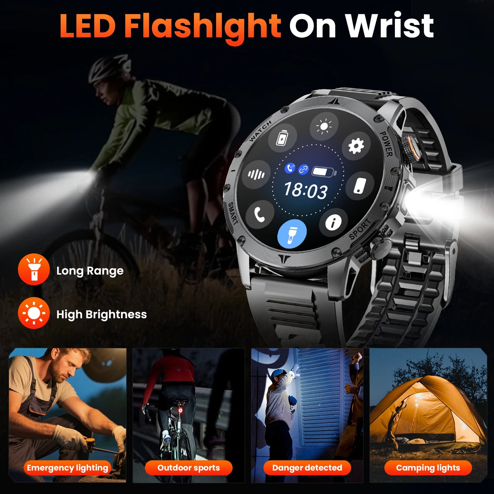 Men Military Smart Watch 1100mAh Large Battery 30 Days Standby Bluetooth Call Flashlight Compass 1.7" TFT HD 360*360 Screen IP68 Waterproof Sports Smartwatch 100+ Sport Modes Heart Rate Sleep Monitor Fitness Tracker For Andro