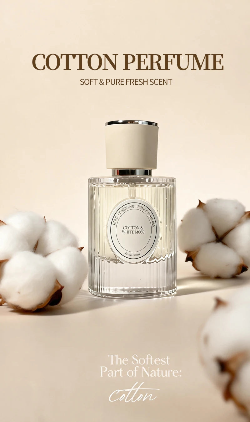 Spring Cotton & White Moss unisex perfume, long-lasting soap-scent in a ribbed glass bottle. Fresh daily fragrance.