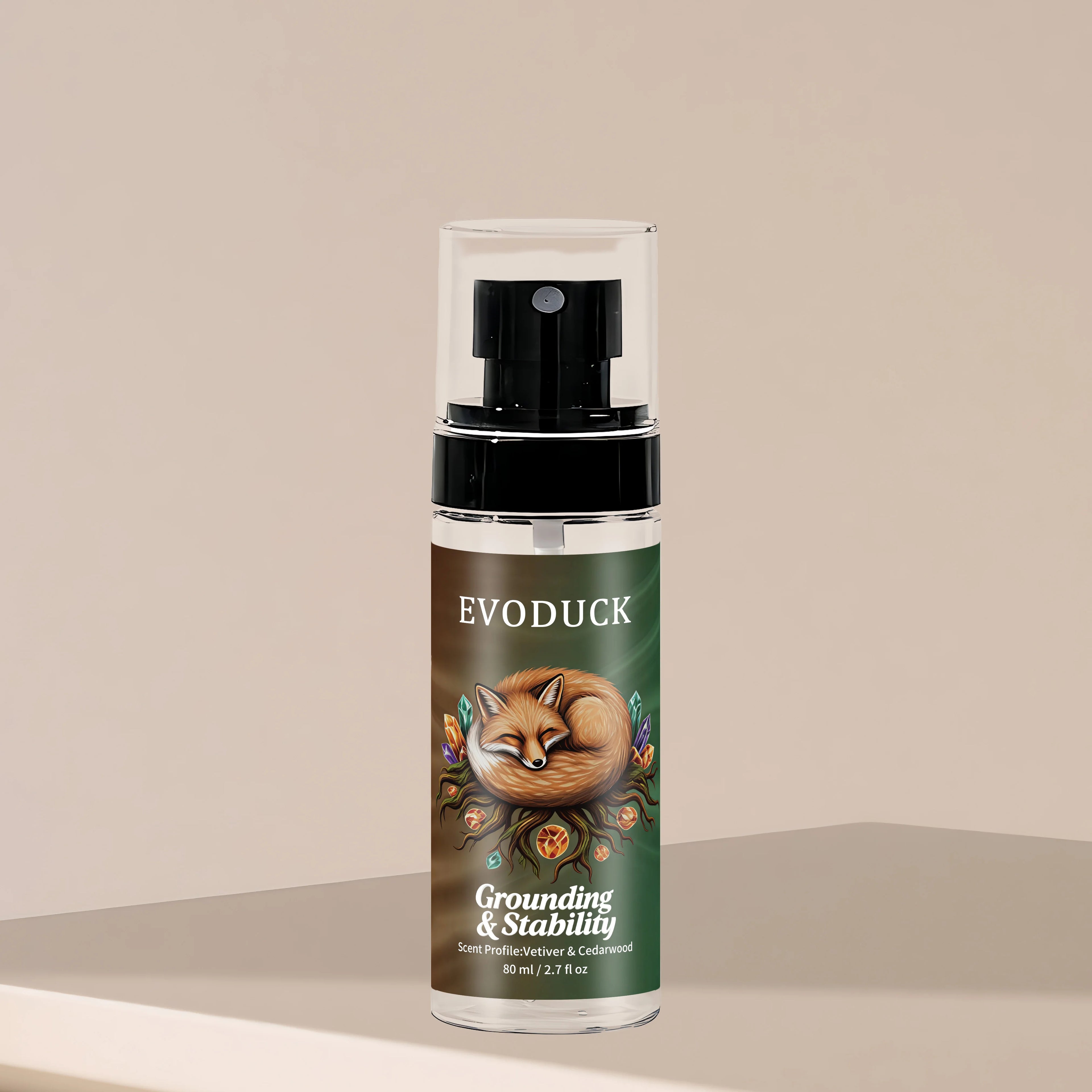 Evoduck 80ml spray bottle with a sleeping fox graphic, labeled Grounding & Stability, scenting vetiver and cedarwood.