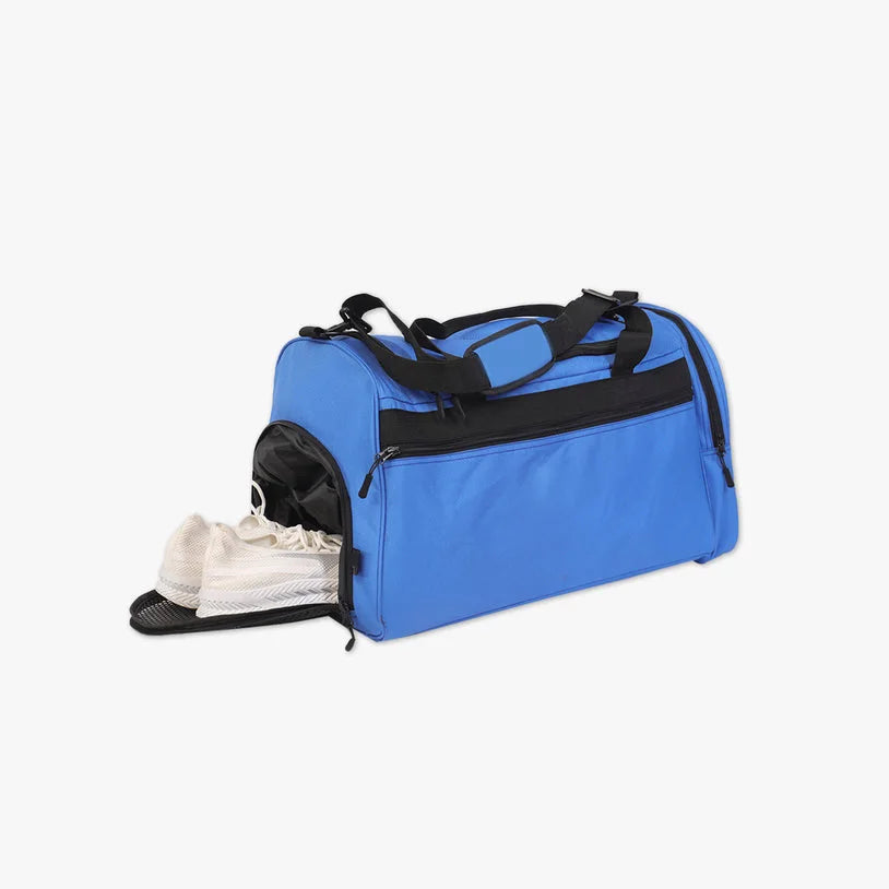 Blue nylon gym duffel bag with a dedicated side shoe compartment, adjustable shoulder strap, and large storage capacity.