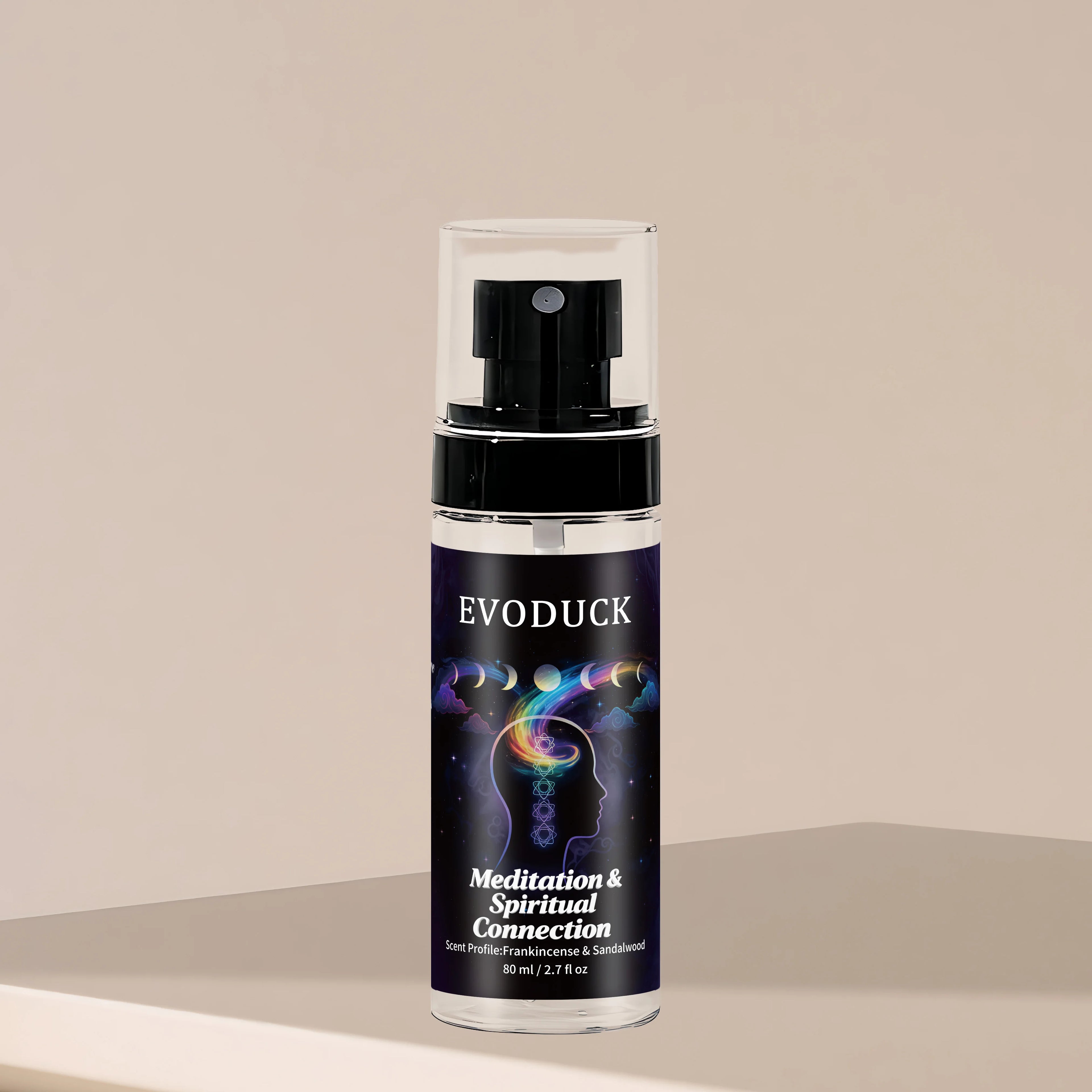Evoduck Meditation & Spiritual Connection 2.7oz body mist. Frankincense & Sandalwood fragrance in clear spray bottle.