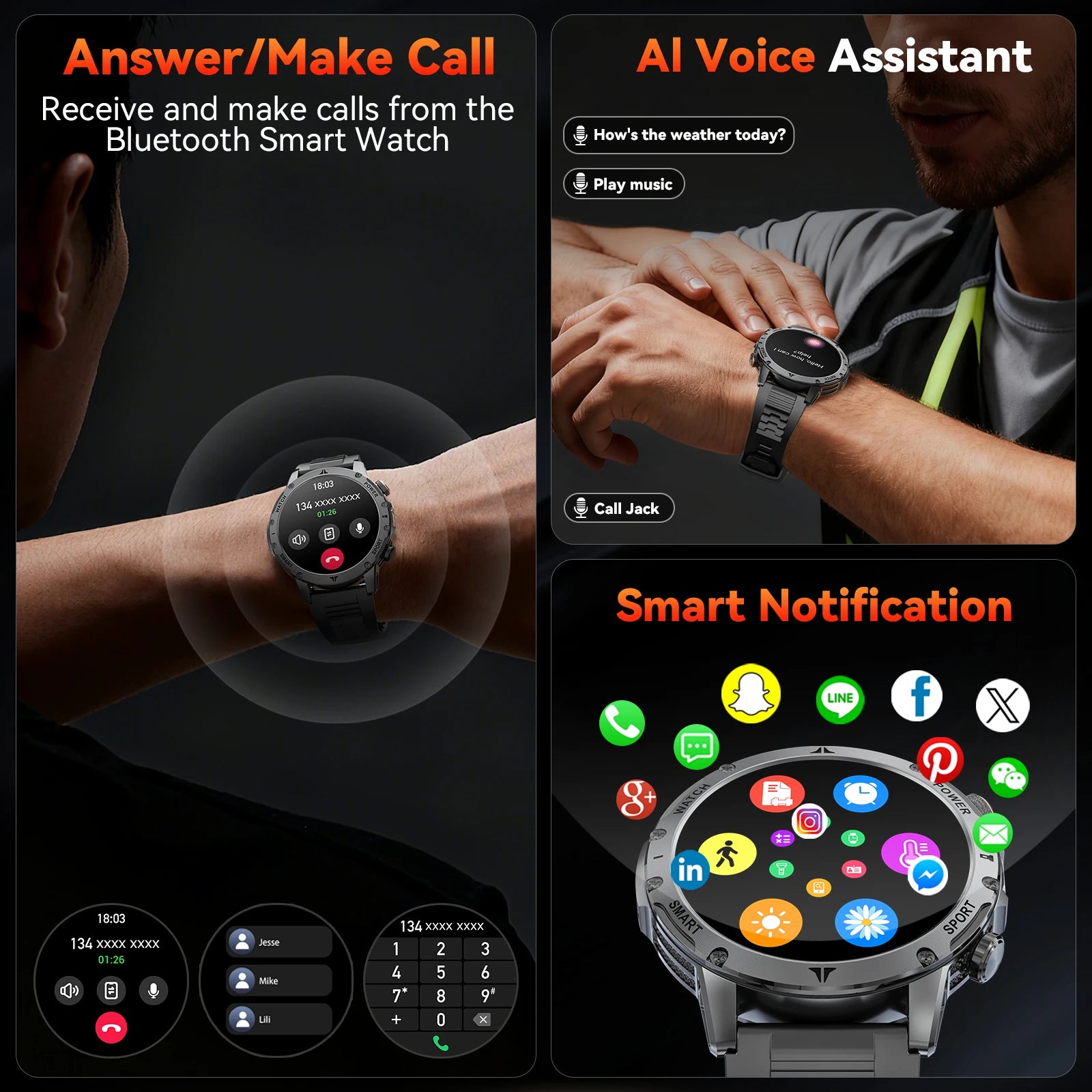 Men Military Smart Watch 1100mAh Large Battery 30 Days Standby Bluetooth Call Flashlight Compass 1.7" TFT HD 360*360 Screen IP68 Waterproof Sports Smartwatch 100+ Sport Modes Heart Rate Sleep Monitor Fitness Tracker For Andro