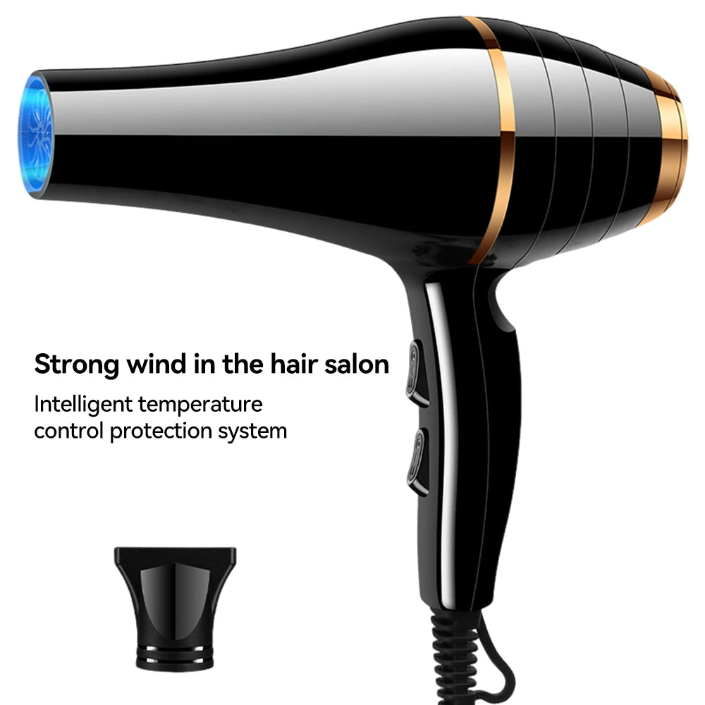 Professional 1800W black hair dryer with gold accents, concentrator attachment, and ionic technology for fast drying.