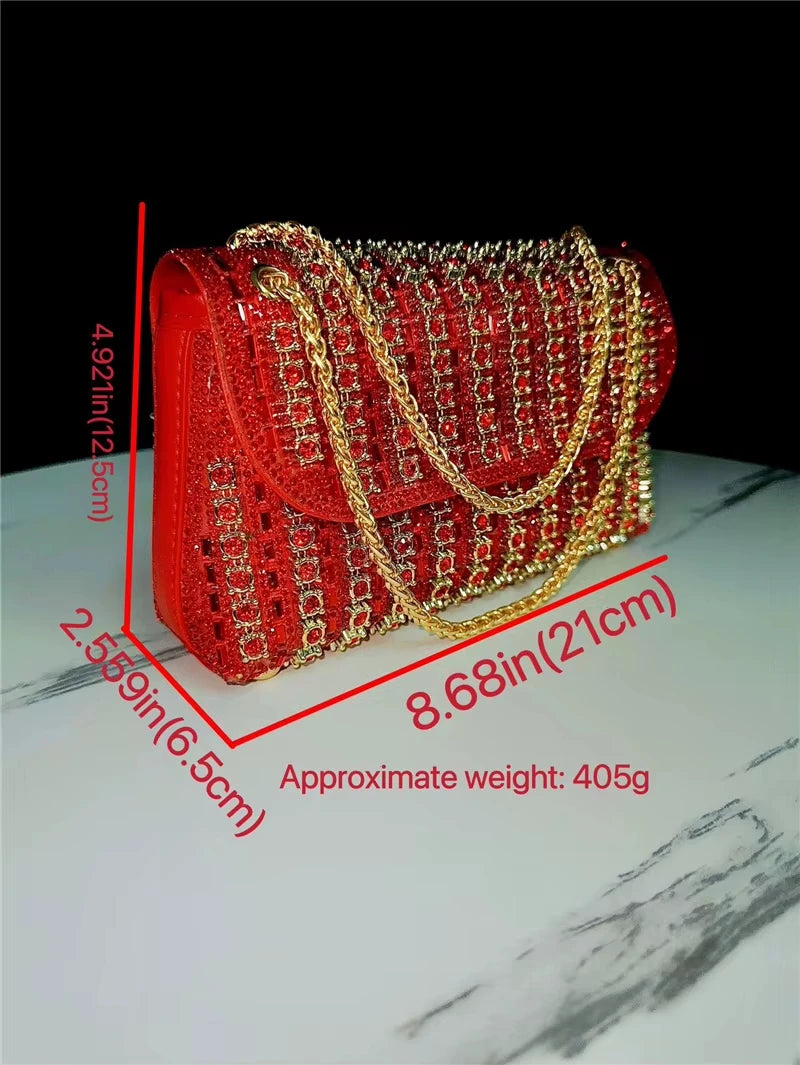 Red rhinestone embellished crossbody handbag with gold chain strap, luxury designer evening shoulder purse for women.