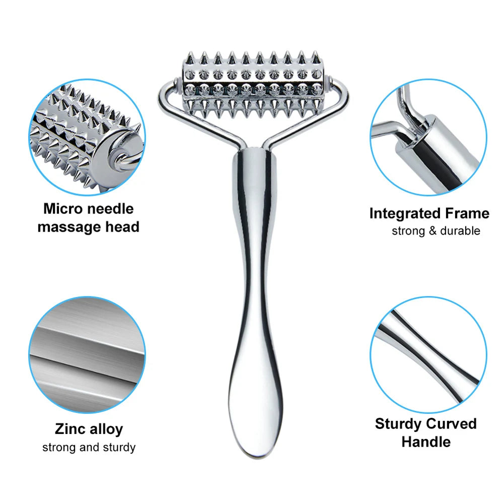 Silver zinc alloy face roller with a spiked, studded head and a smooth, curved handle, showing its durable construction.