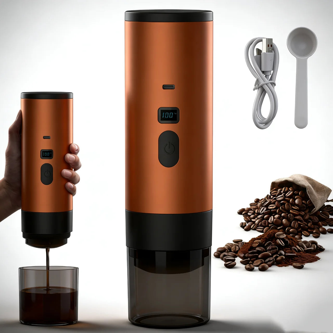 Portable copper-colored electric coffee maker with digital display, USB charging cable, and scoop on white background.