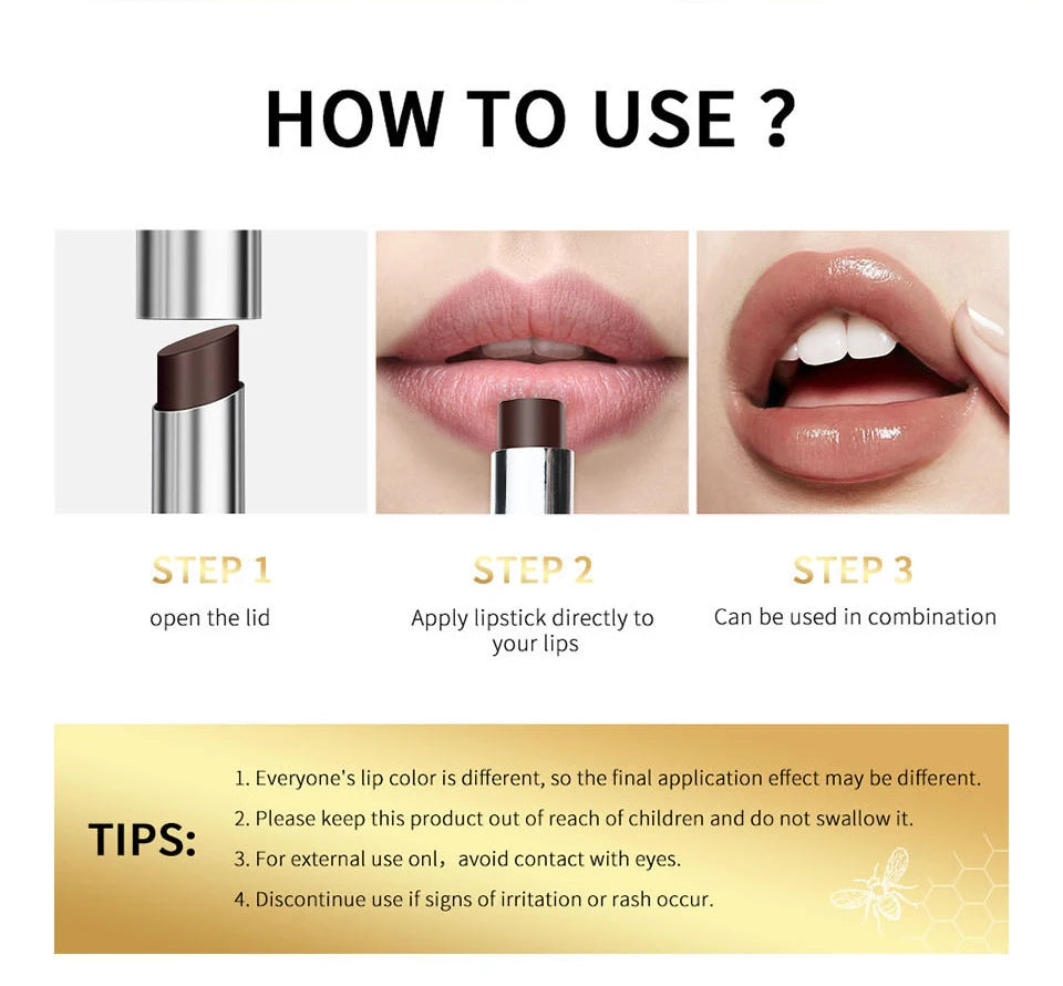 How-to guide for moisturizing honey lip balm, showing glossy application for nourished, plumped lips.