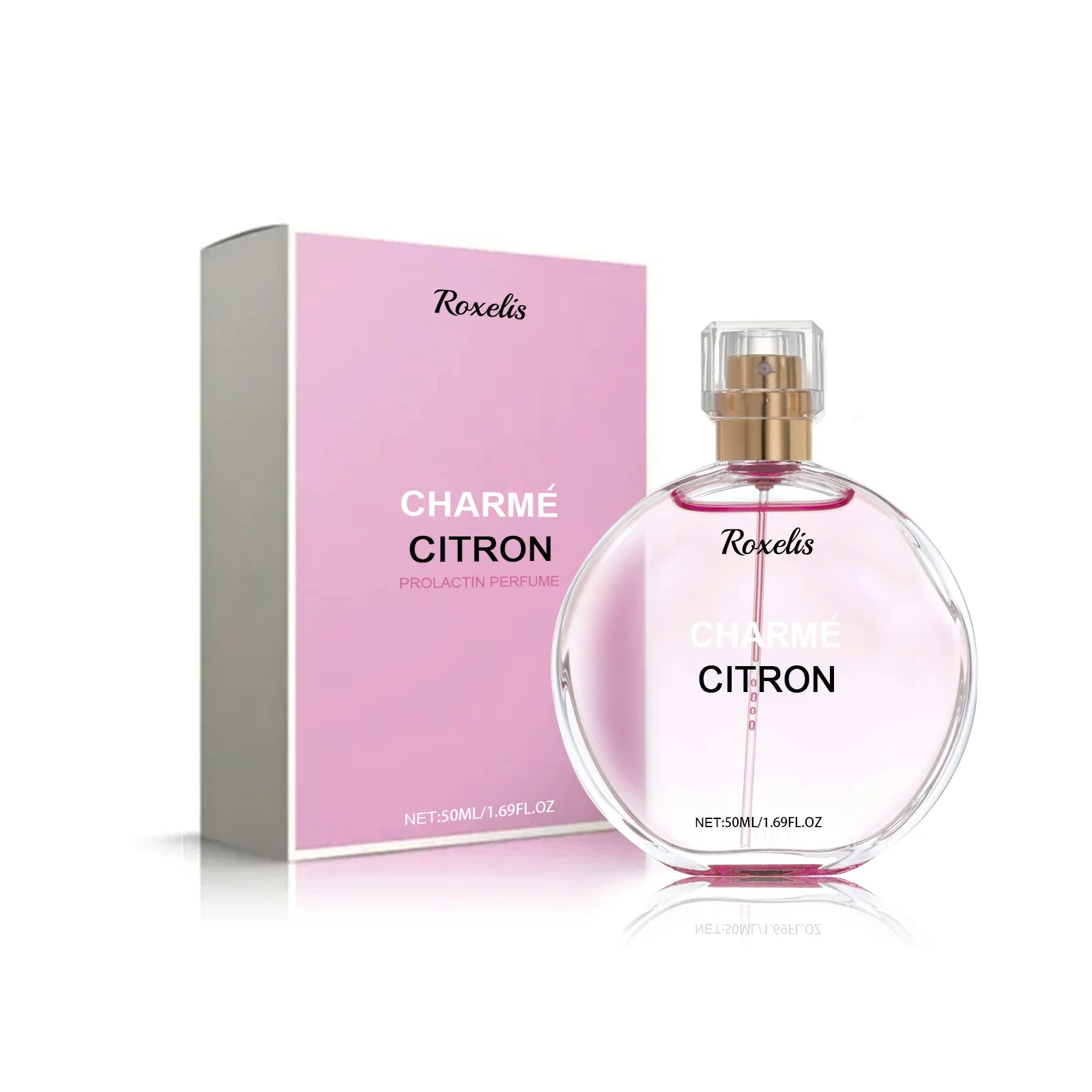 Roxelis Charmé Citron 50ml floral pheromone perfume for women. Round glass bottle, fresh citrus scent, long-lasting EDP.