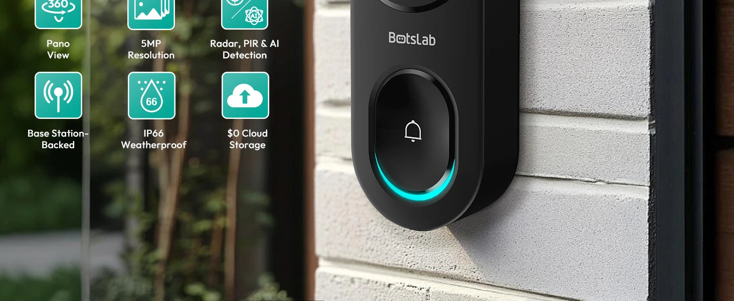 Botslab R810 180°Panoramic View Wireless Video Doorbell Camera AI Motion Detection Night Viewsion 5MP WiFi Camera Doorbell IP66 Waterproof Security Digital Door Peepholes with Cloud and Local Storage