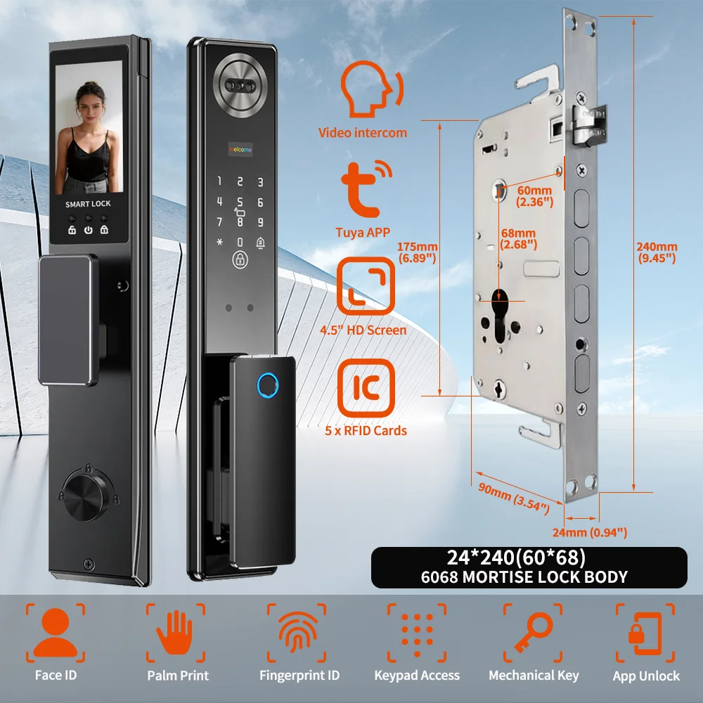 Tuya App Face Recognition Smart Door Lock with WiFi, Camera, and Voice Intercom