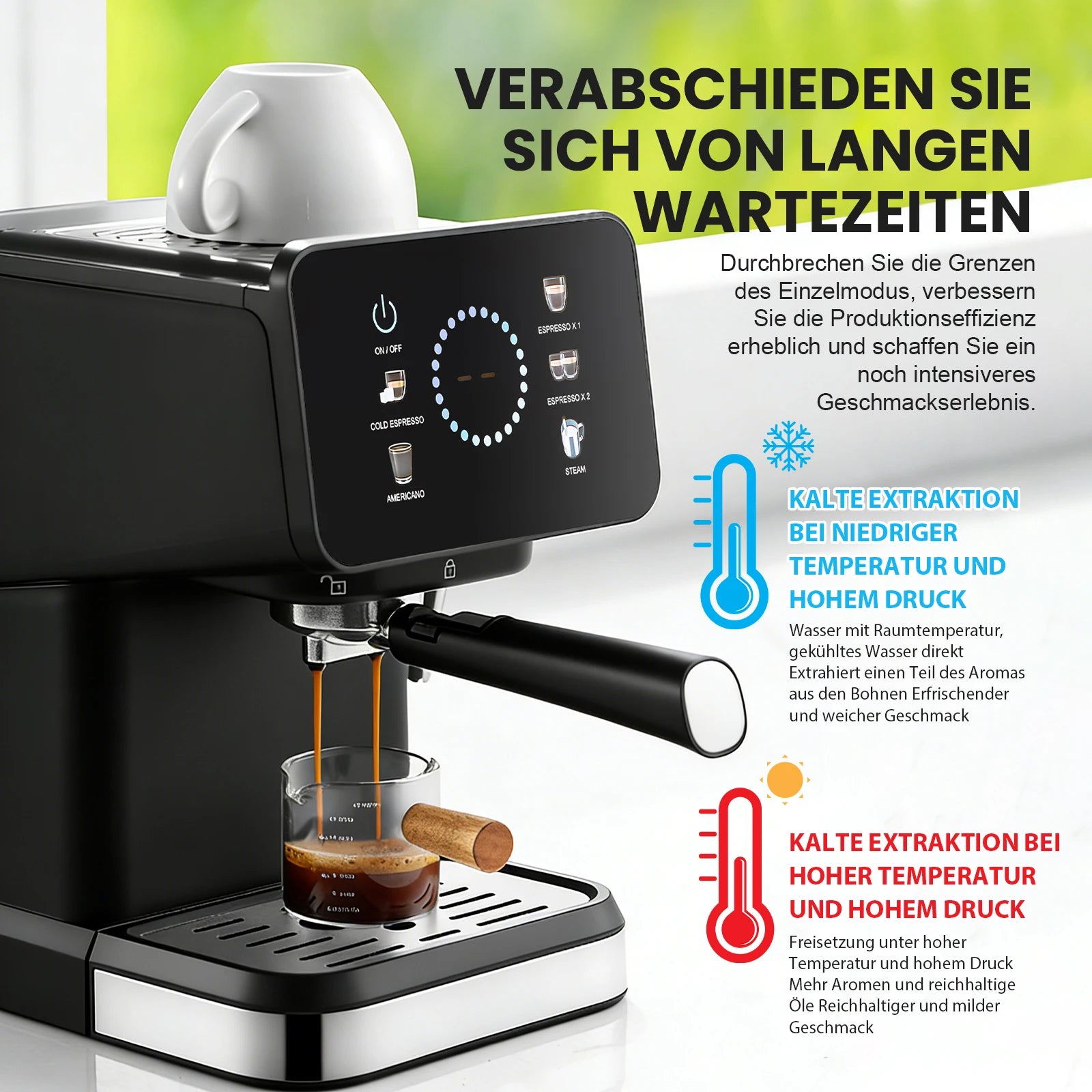 Black espresso machine with touch display, portafilter, and glass cup, featuring hot and cold extraction modes.
