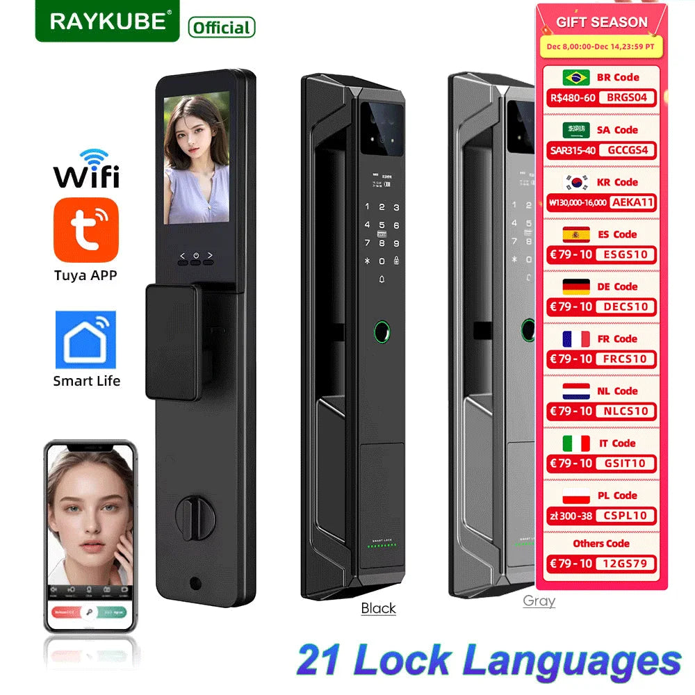 RAYKUBE P8 Tuya WiFi Camera Palm Vein Smart Lock Face Recognition Digital Fingerprint Lock With Video Call 21-language Voice
