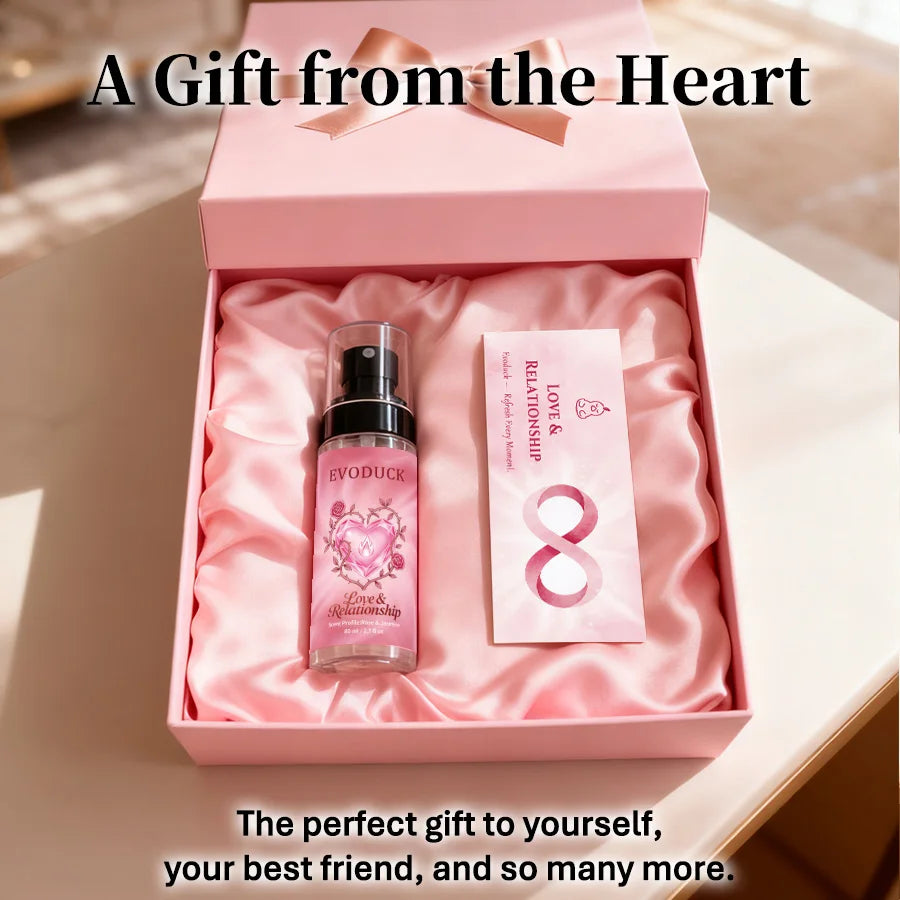 Evoduck Love & Relationship rose & jasmine body mist, 2.7oz travel spray in pink gift box. Long-lasting scent for women.