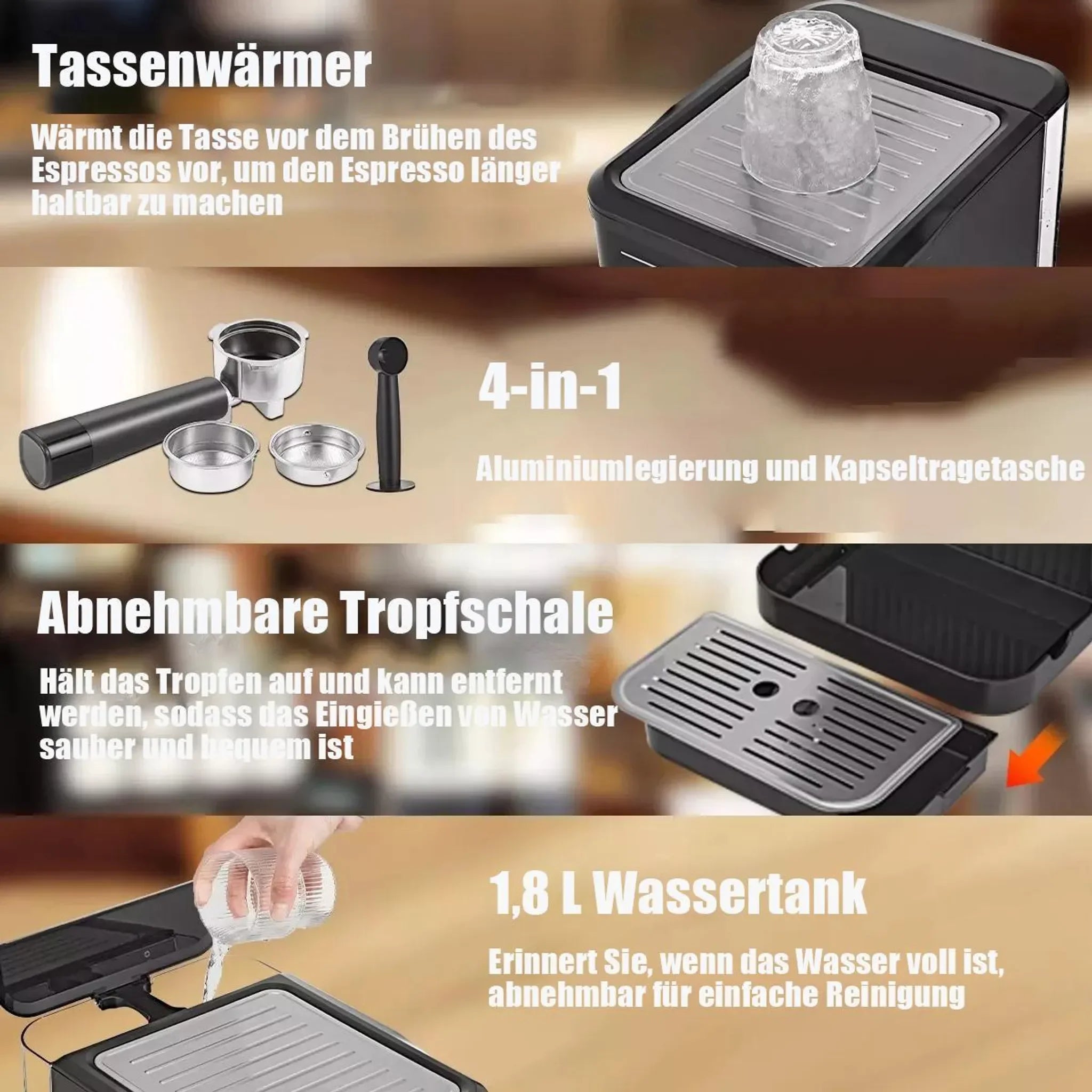4-in-1 espresso machine features cup warmer, aluminum portafilter, removable drip tray, and 1.8L water tank.