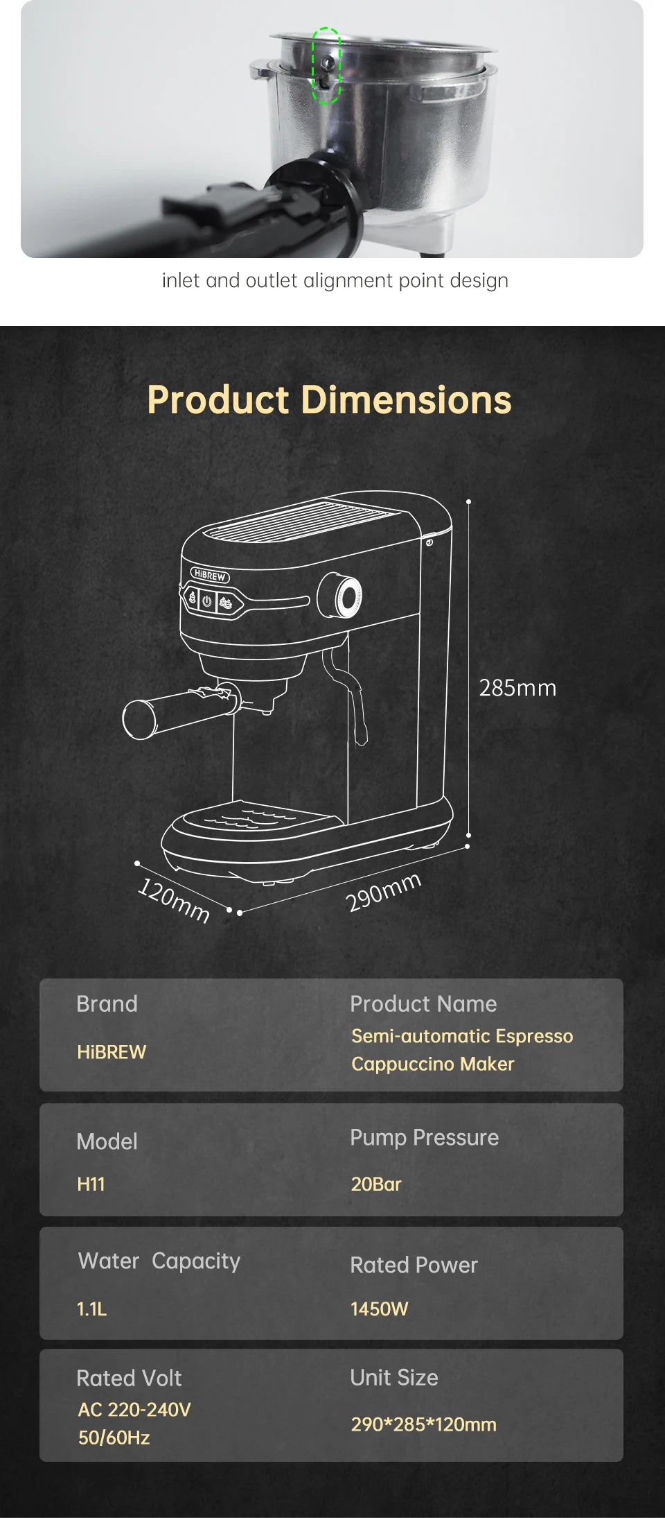 HiBREW H11 semi-automatic espresso and cappuccino maker with 1.1L water capacity and 20 bar pump pressure.