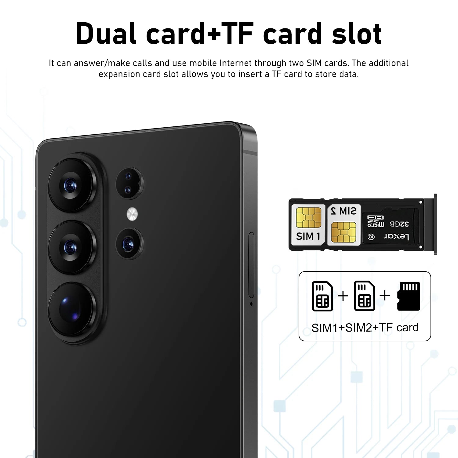 Tidesmit S26 Ultra Android 15 smartphone featuring 7.3 inch display, 22GB RAM, 2TB storage, and dual SIM support.
