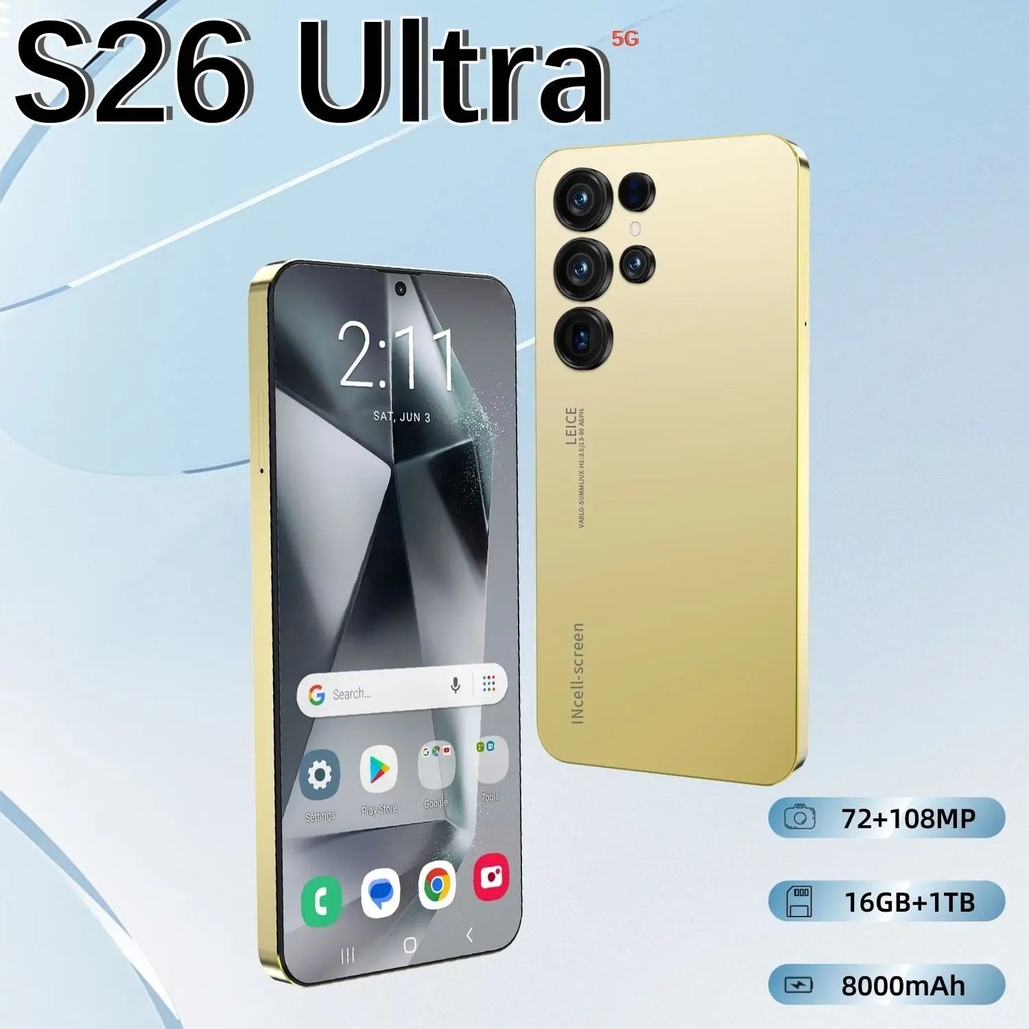 Side profile of 2026 S26 Ultra smartphone showing sleek 7.3 inch display and powerful 108MP camera lens design