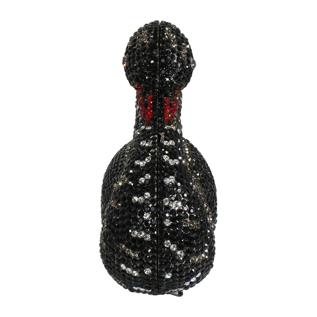 Black crystal rhinestone swan evening clutch, designer bridal handbag with red accents for formal events.