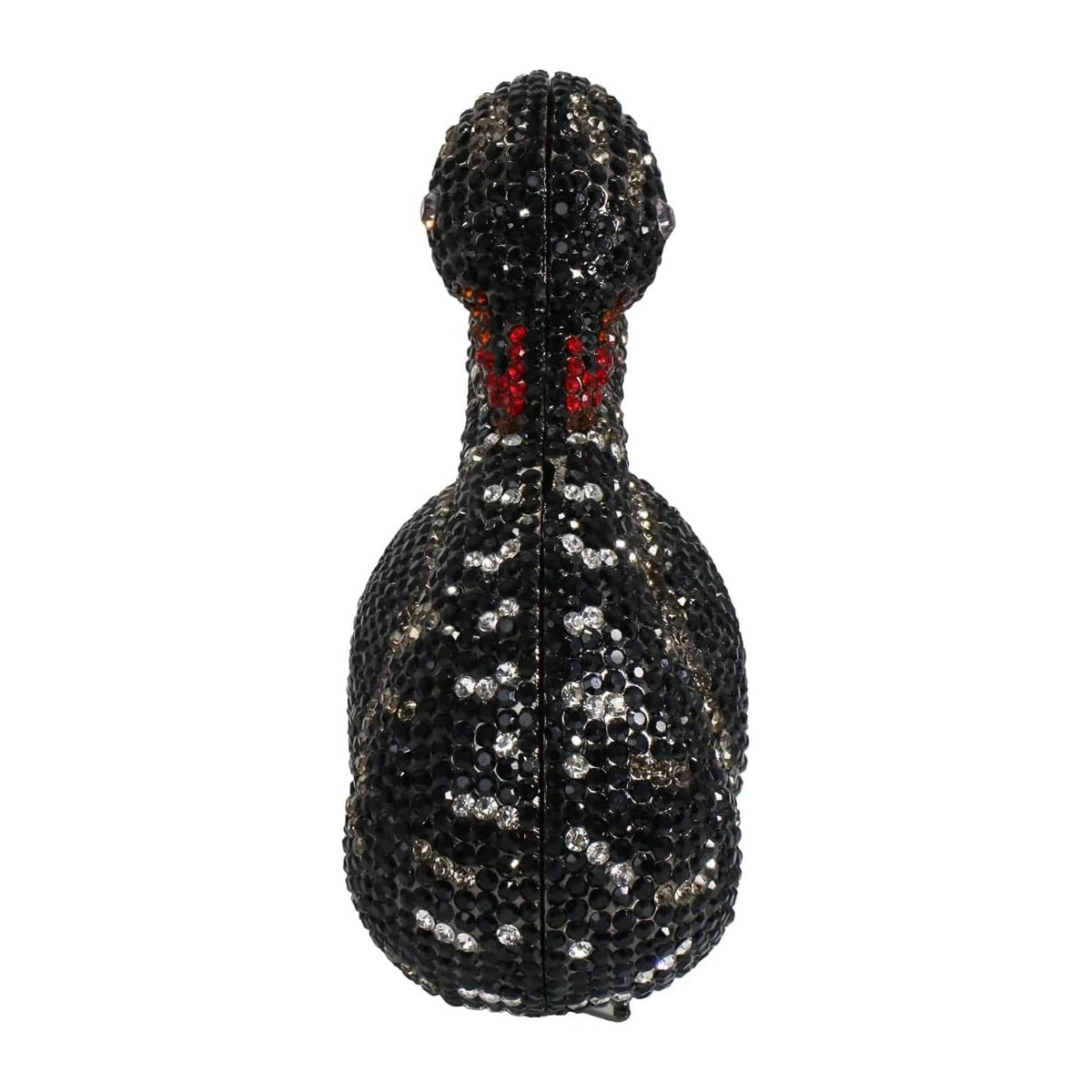 Black crystal rhinestone swan evening clutch, designer bridal handbag with red accents for formal events.