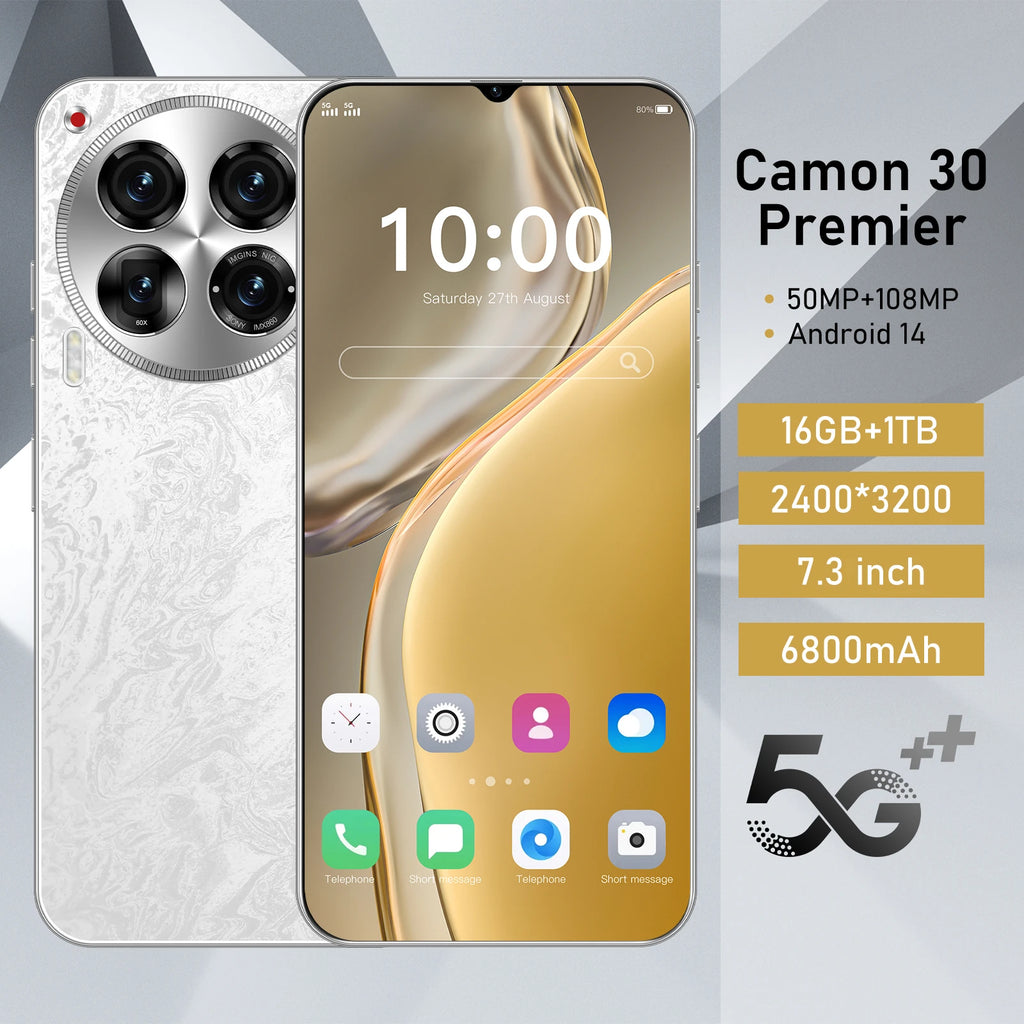 Tecno Camon 30 Pro 5G smartphone with Android 14, LED display, face unlock, and multilingual language support.