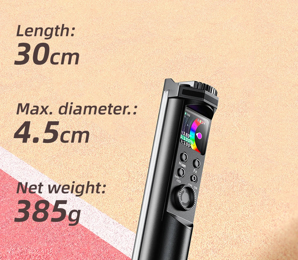 Black LED light wand with digital display, buttons, and control dial for photography and video lighting. 30cm length.