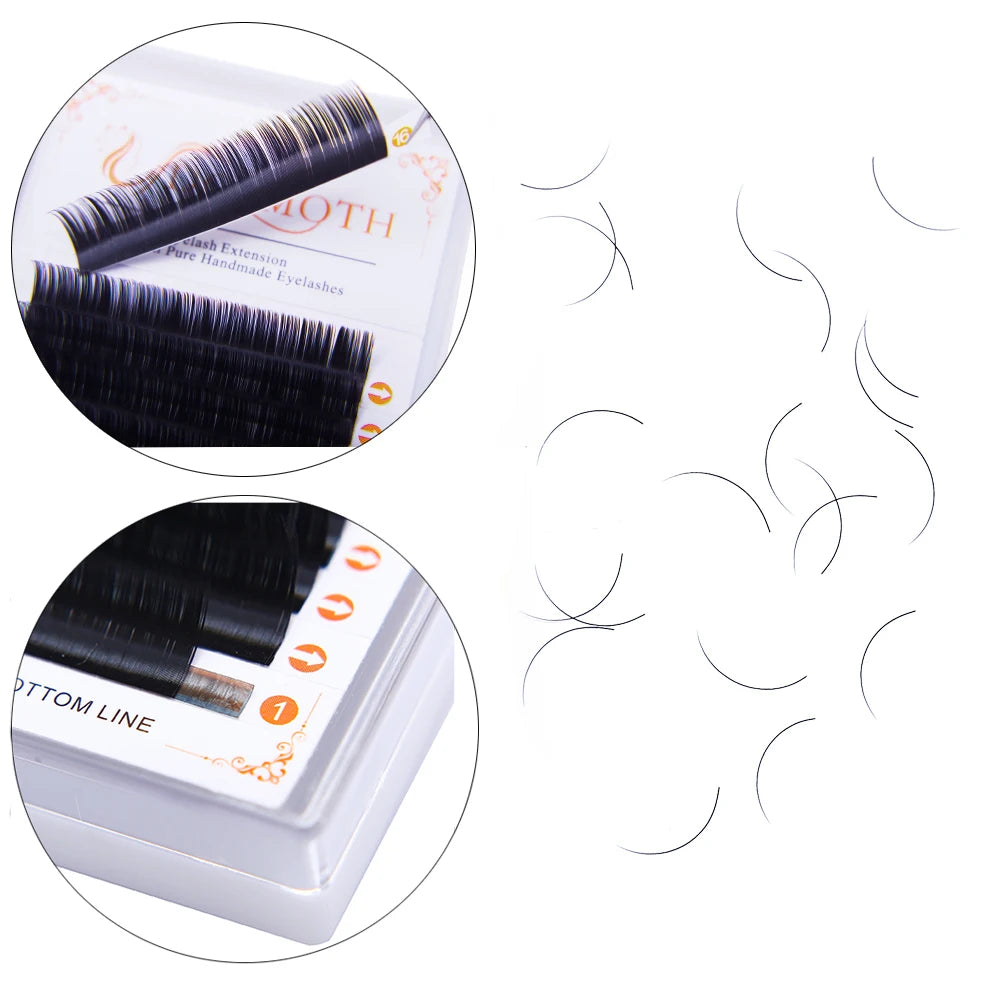 Black individual eyelash extension strips in a storage tray for professional beauty application.