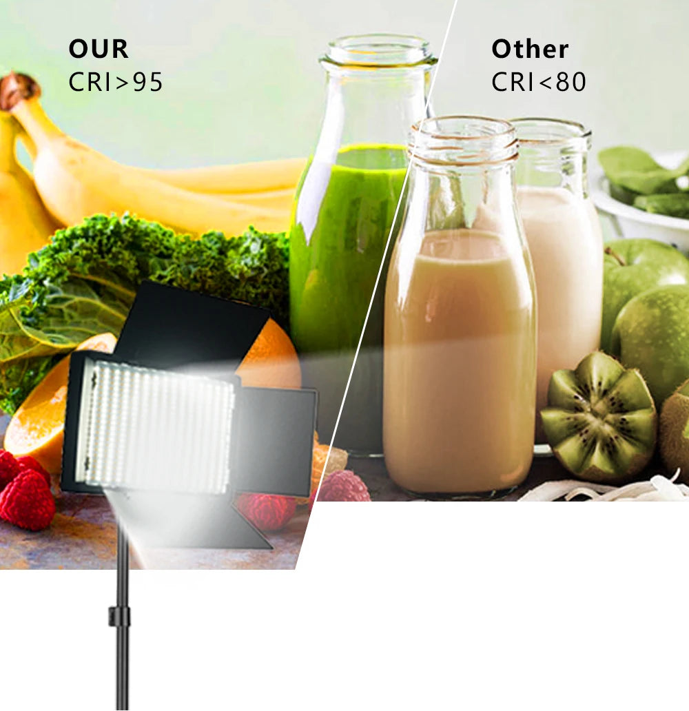 Black square LED video light with barn doors on a stand, showing high CRI lighting performance on food.