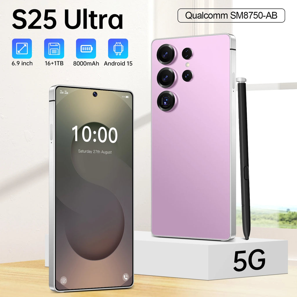 Ultra 5G S25 smartphone in silver with 7.3 inch HD display and 108MP camera, side view, 8800mAh battery.