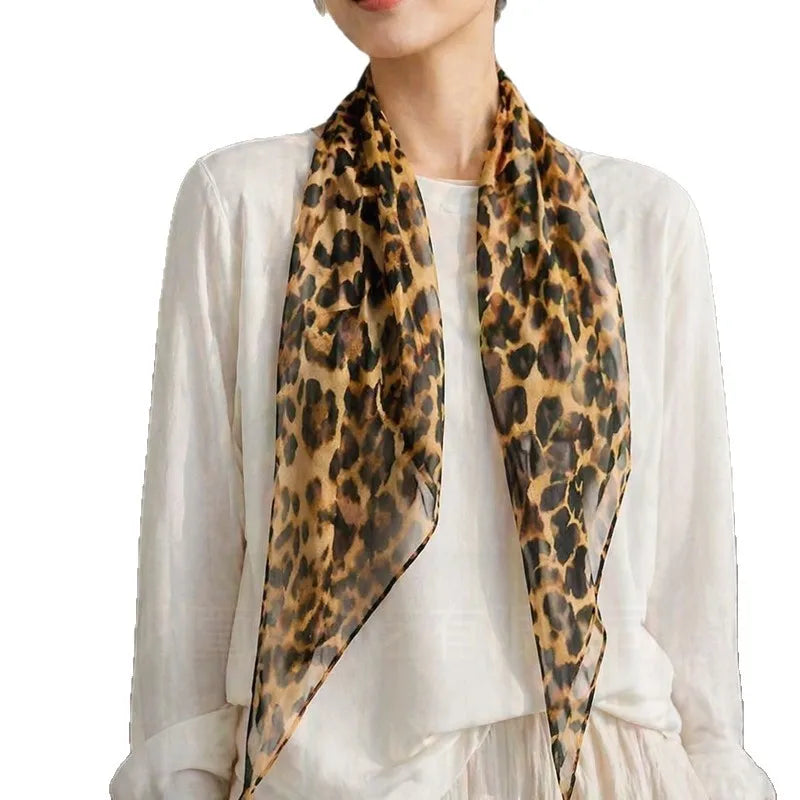 32x155cm Vintage Silk Georgette Leopard Print Long Scarf Original Item Tie-up Neck Scarf for Women Layering Outfits Customize