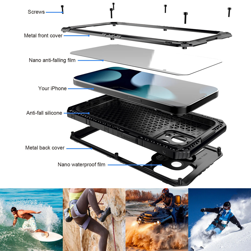 Heavy Duty Kickstand IP68 Screen Protector Covers Waterproof Metal Case for iPhone 16e 16 15 14 13 12 11 Pro Max XS XR Pro 7 8 + Tidesmit