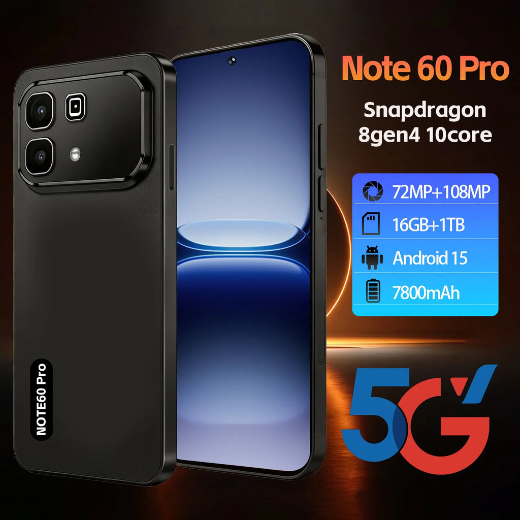 Note 60 Pro 16GB+1TB 5G smartphone side view featuring 108MP camera and long-lasting 7800mAh battery.