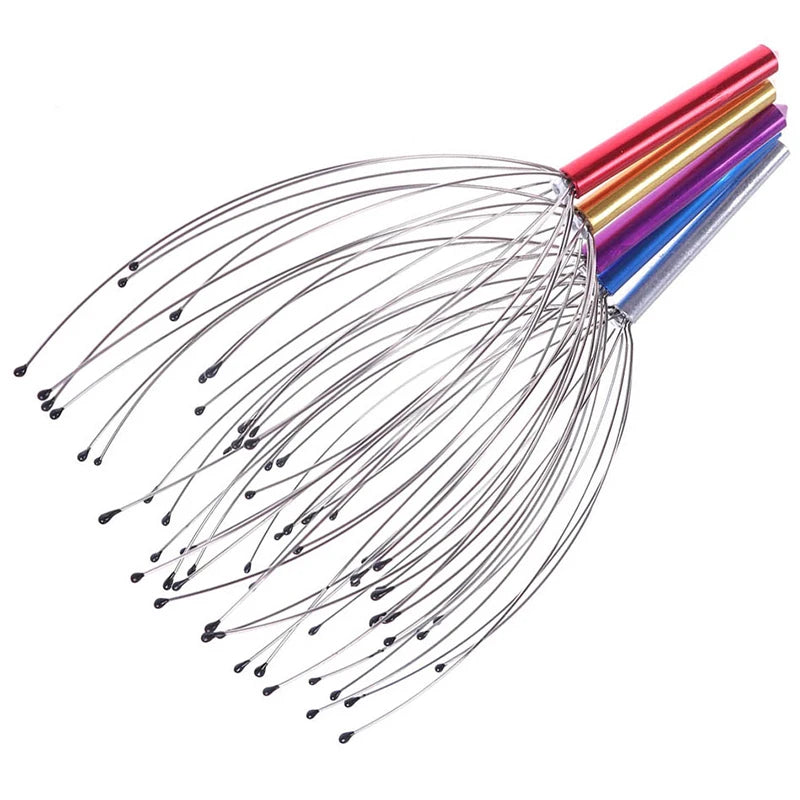 Handheld octopus scalp massager with metal wire claws and colorful handles for stress relief and head relaxation.