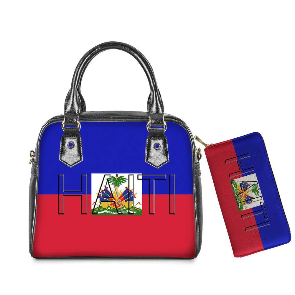 Haiti flag leather tote bag and wallet set with blue and red design, coat of arms, and embossed Haiti lettering.