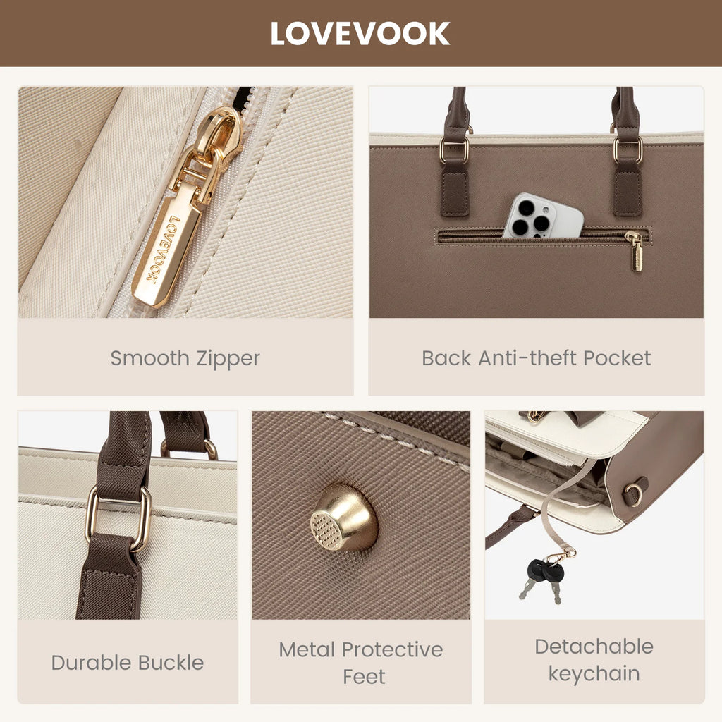 LOVEVOOK two-tone brown and beige 15.6in laptop tote, designer shoulder bag with anti-theft pocket and gold hardware.