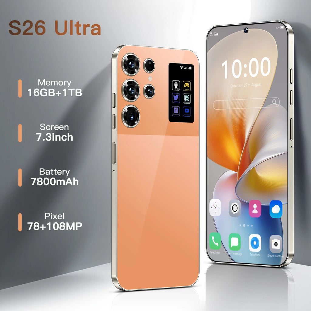 Tidesmit 2026 S26 Ultra 7.3 inch OLED 120Hz display with 108MP camera and sleek design side profile view