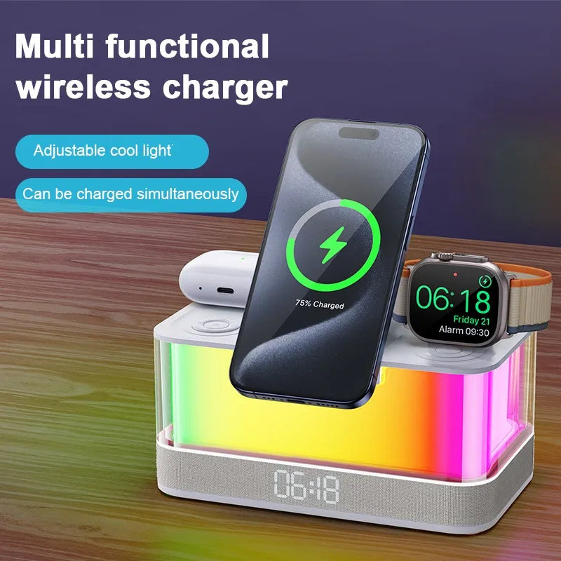 Hot Products 2025 Trend Multi Functional Alarm Clock Wireless Charger RGB Night Light BT Music Speaker 6 in 1 Wireless Charger Tidesmit