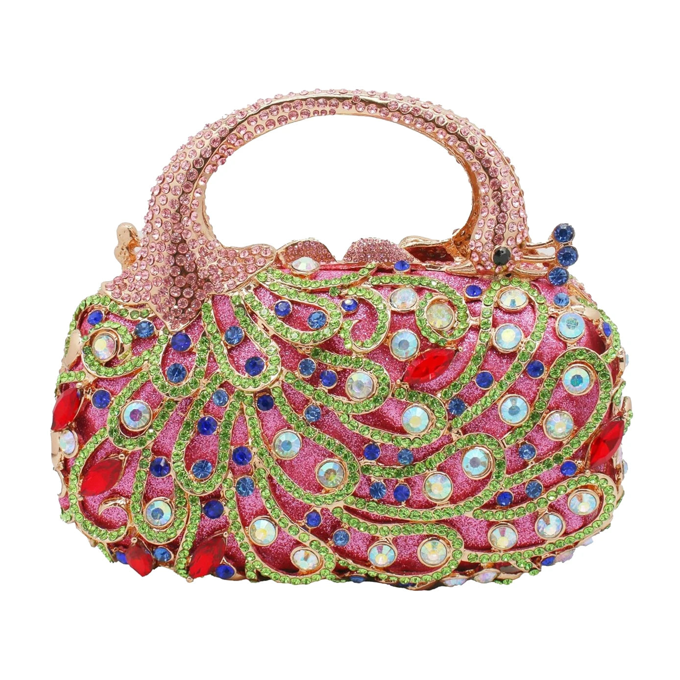Luxury peacock designer handbag with sparkling pink, green, and blue rhinestones and elegant crystal embellishments.