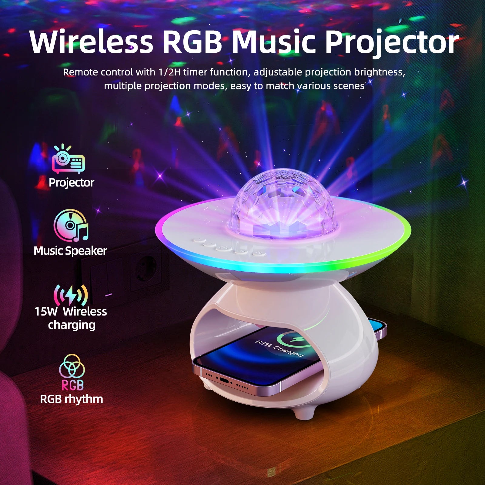Smart Wireless Phone Charging Desk Lamp USB Rechargeable RGB Projectors Night Light Music Speaker Bedroom Bedside Led Table Lamp Tidesmit