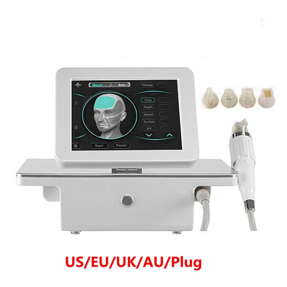 White facial rejuvenation machine with touchscreen interface, handheld probe, and four interchangeable treatment tips.