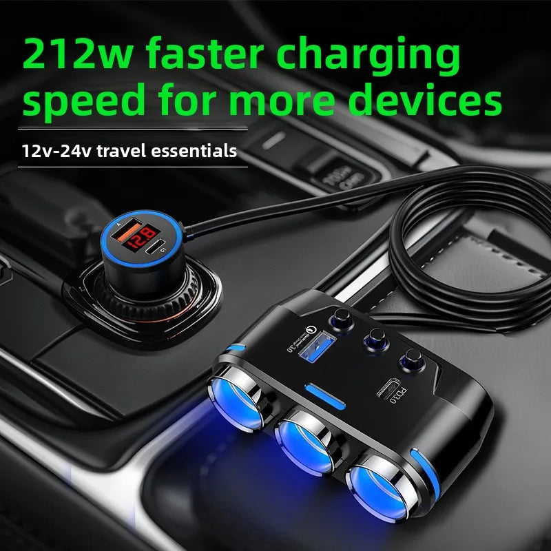 Multifunctional Car Charger USB Socket One-Touch Three-Cigarette Lighter 12-24V Voltage Monitoring Fast Charging for Cell Phones Tidesmit