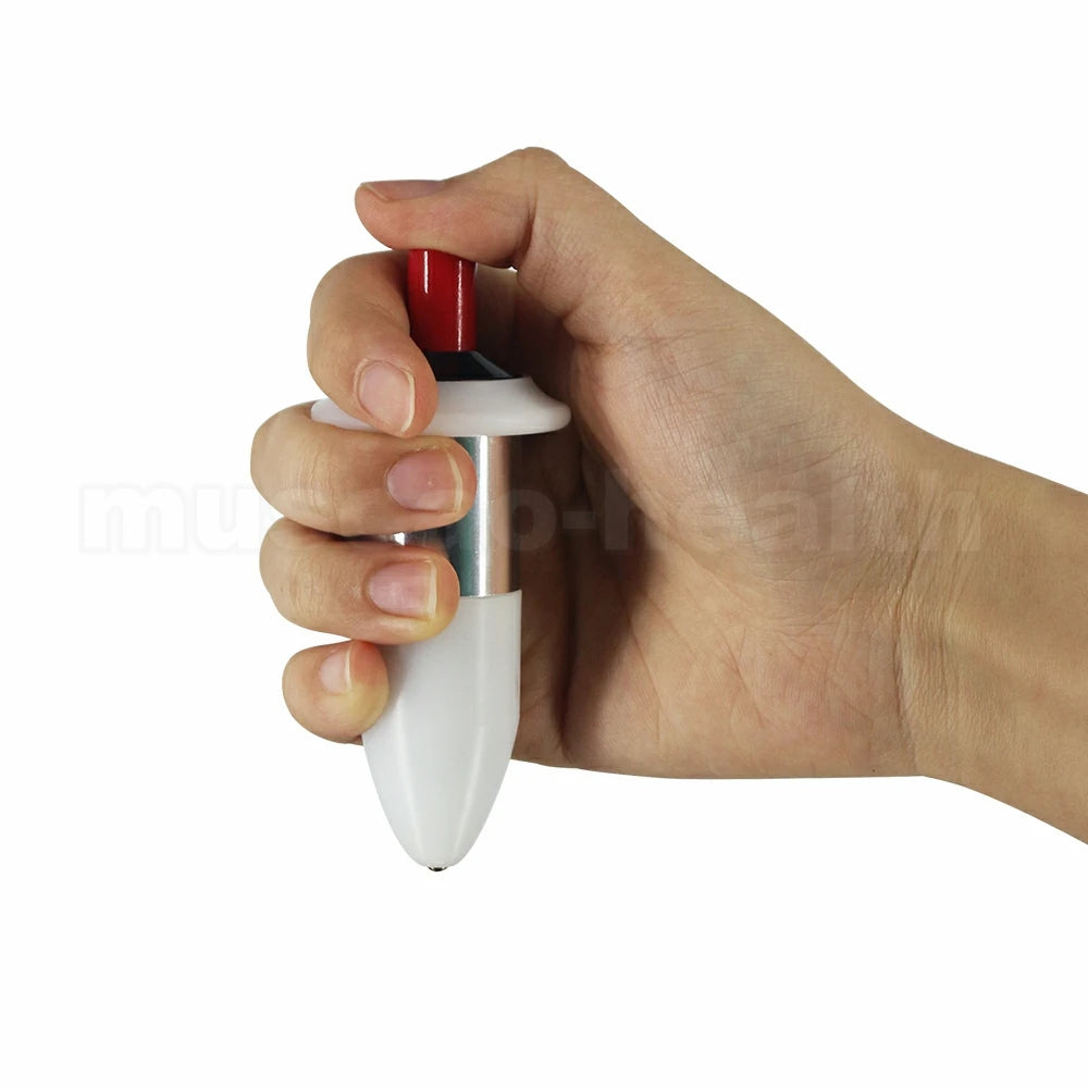 Handheld trigger point activator tool with red plunger, white body, and silver trim for muscle tissue massage therapy.