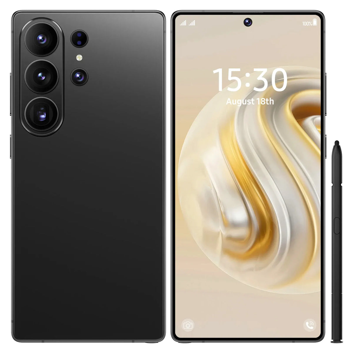 Black smartphone front and back with triple rear cameras and stylus pen