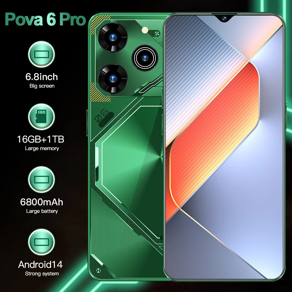 Unlocked Pova 6 Pro 5G Smartphone 16GB RAM 1TB ROM Long Battery Life Dual SIM Android Smart 5G Phone Tidesmit
