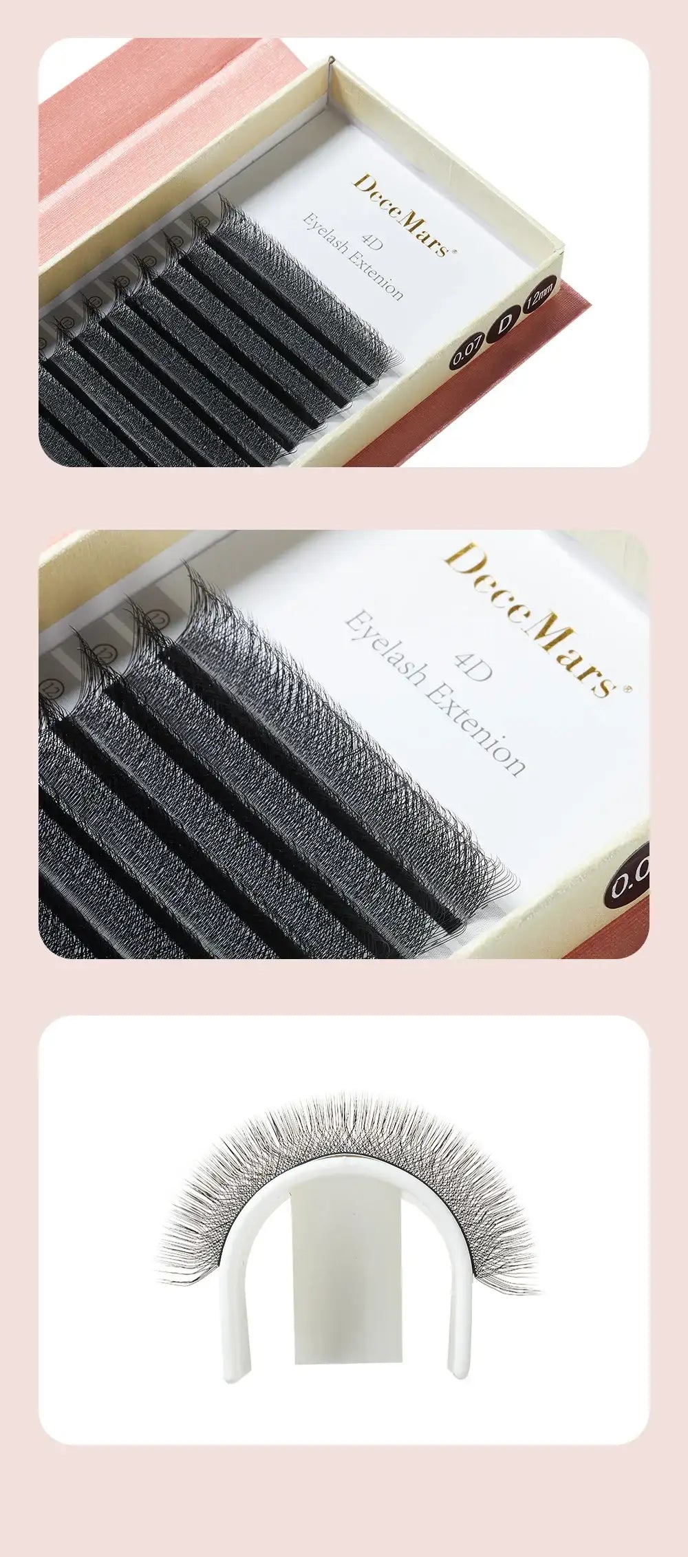 Black 4D W-shaped volume eyelash extension strips in a labeled DeceMars branded tray, shown in close-up and arched.